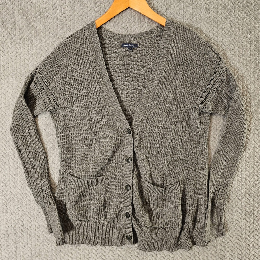 American Eagle Gray Button Front Cardigan Sweater Pointelle Knit Pockets Medium
